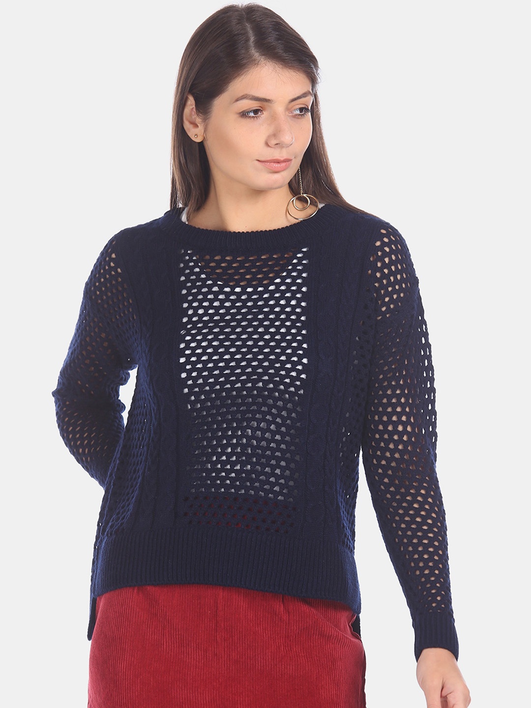 

Aeropostale Women Navy Blue Self Design Pullover Sweater