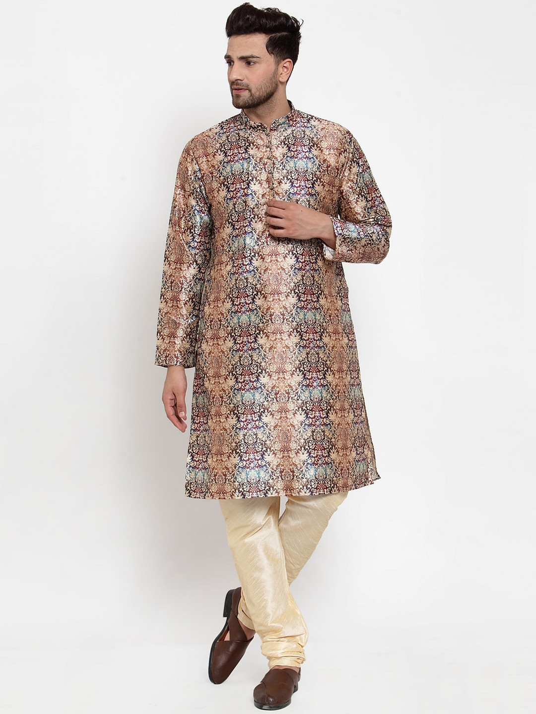 

GRACIT Men Cream-Coloured & Brown Printed Kurta with Churidar