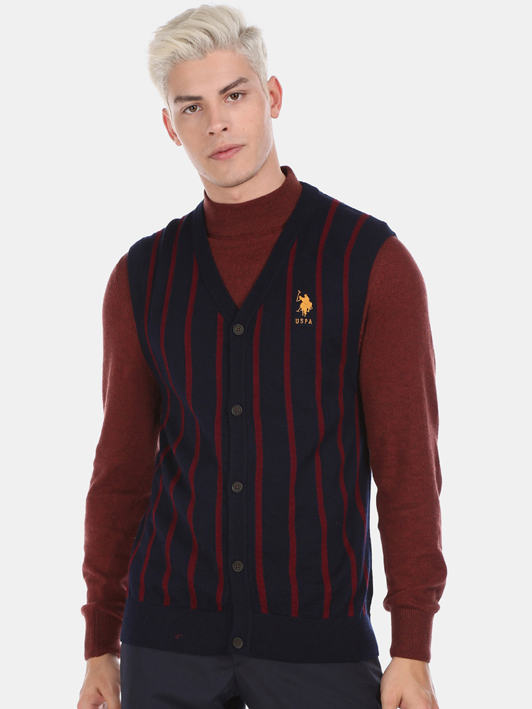 

U.S. Polo Assn. Men Navy Blue & Red Striped Cardigan