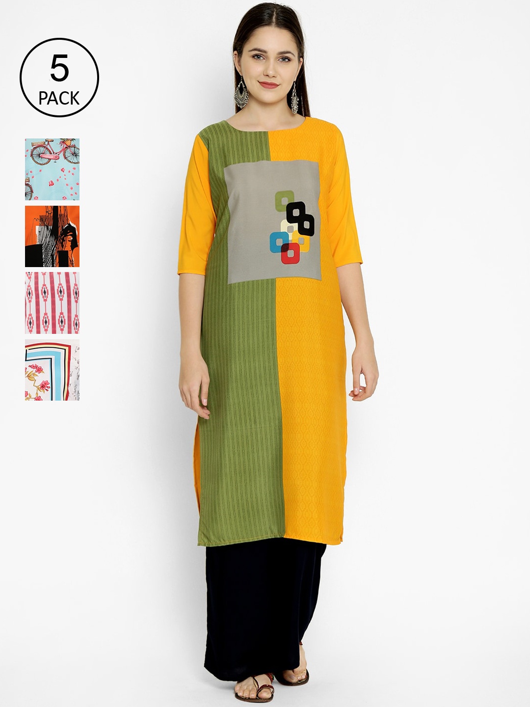 

7Threads Women Multicoloured Colourblocked Crepe Kurta Pack of 5, Multi