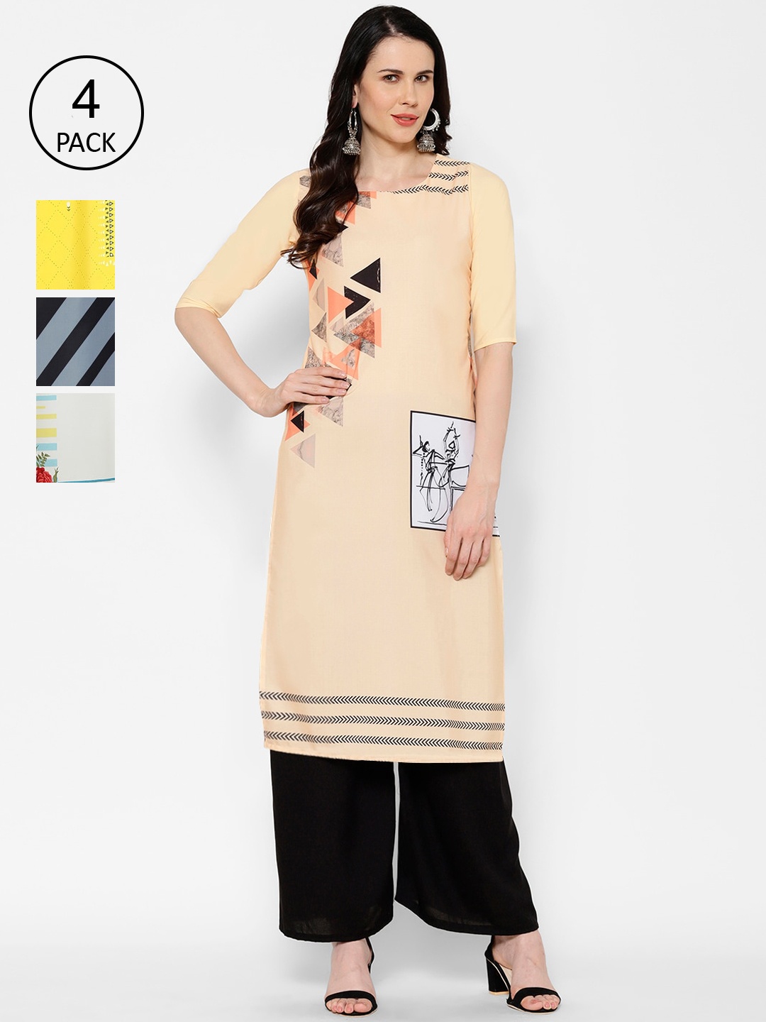 

7Threads Multicoloured Pack of 4 Geometric Printed Crepe Kurta, Multi
