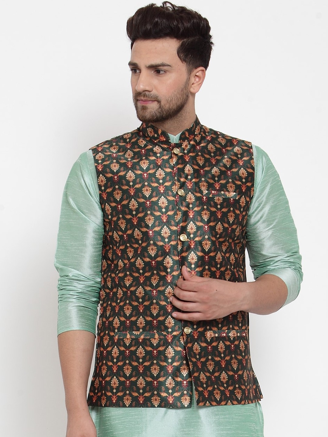 

GRACIT Men Green & Beige Printed Woven Nehru Jacket