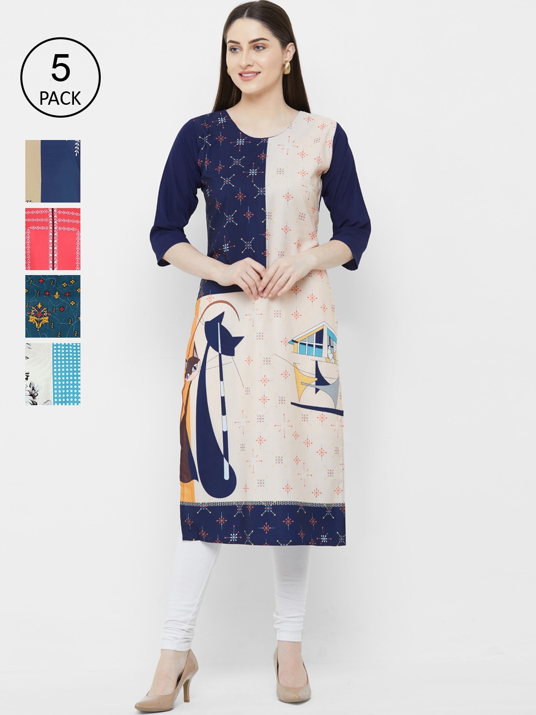 

7Threads Women Pack of 5 Multicoloured Printed Kurtas, Multi