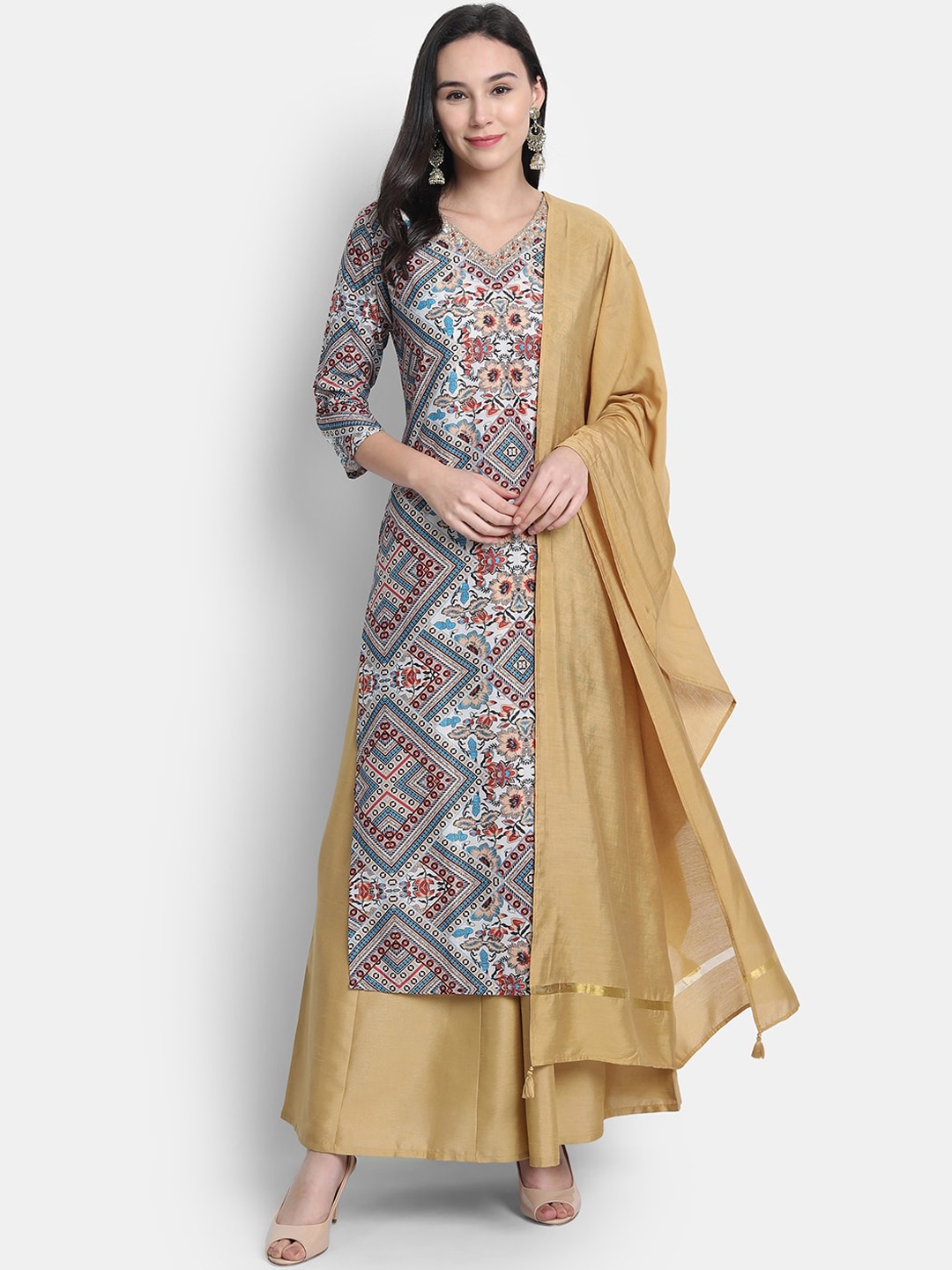 

Janasya Women Blue & Gold-Toned Printed Kurta with Palazzos & Dupatta