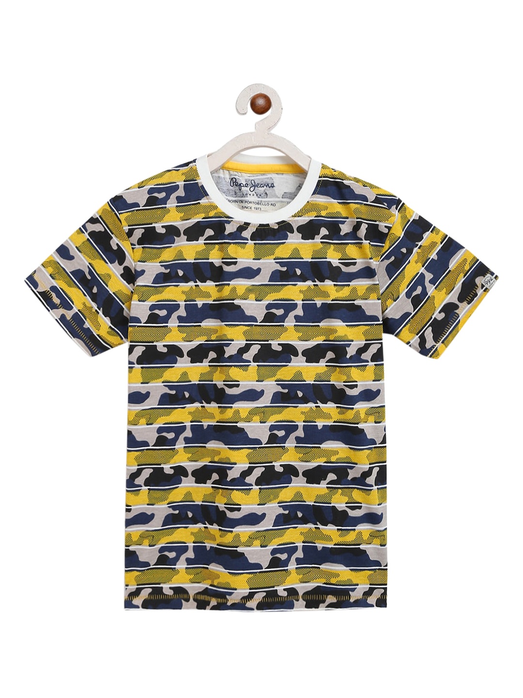

Pepe Jeans Boys Mustard Yellow & Navy Blue Camouflage Print Round Neck T-shirt