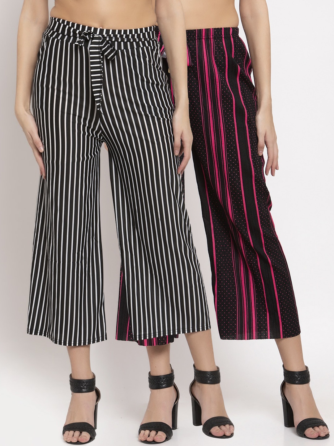 

KLOTTHE Women Pack of 2 Striped Wide Leg Cropped Palazzos, Black