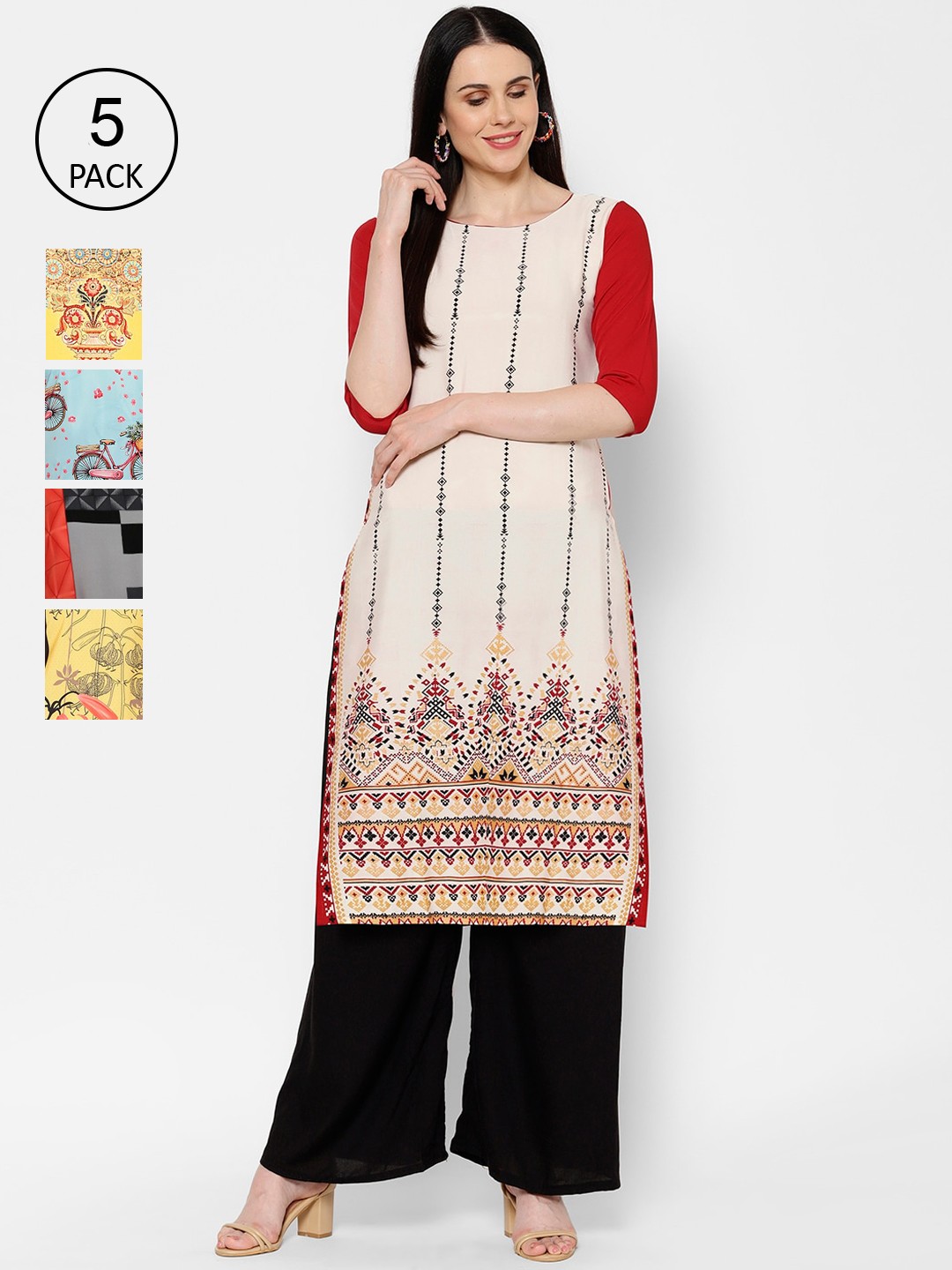 

7Threads Women Multicoloured Set of 5 Printed Crepe Straight Kurta, Multi