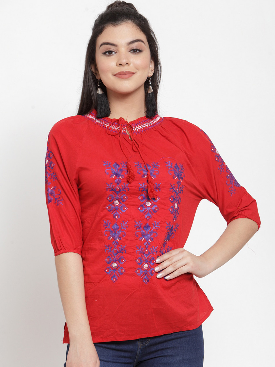 

Miaz Lifestyle Women Red Embroidered Tie-Up Neck Top
