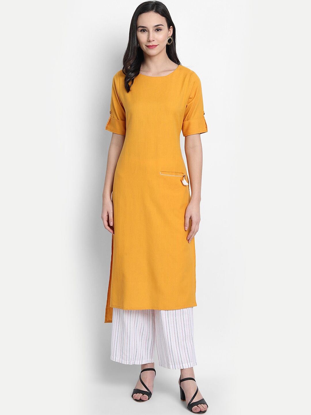 

Janasya Women Mustard Yellow Solid Kurta with Palazzos