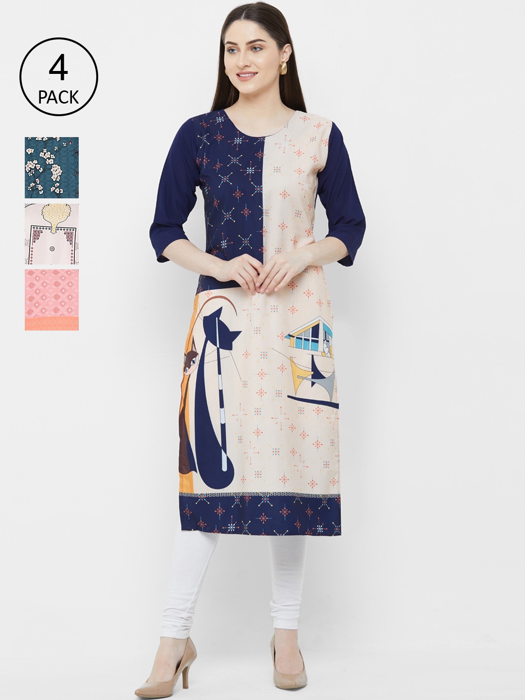 

7Threads Multicoloured Pack of 4 Printed Crepe Kurta, Multi