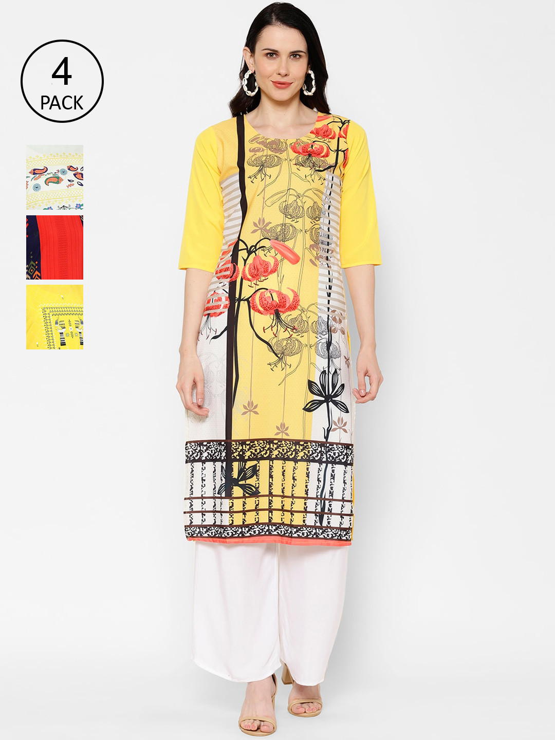 

7Threads Pack Of 4 Ethnic Motifs Printed Crepe Kurta, Multi