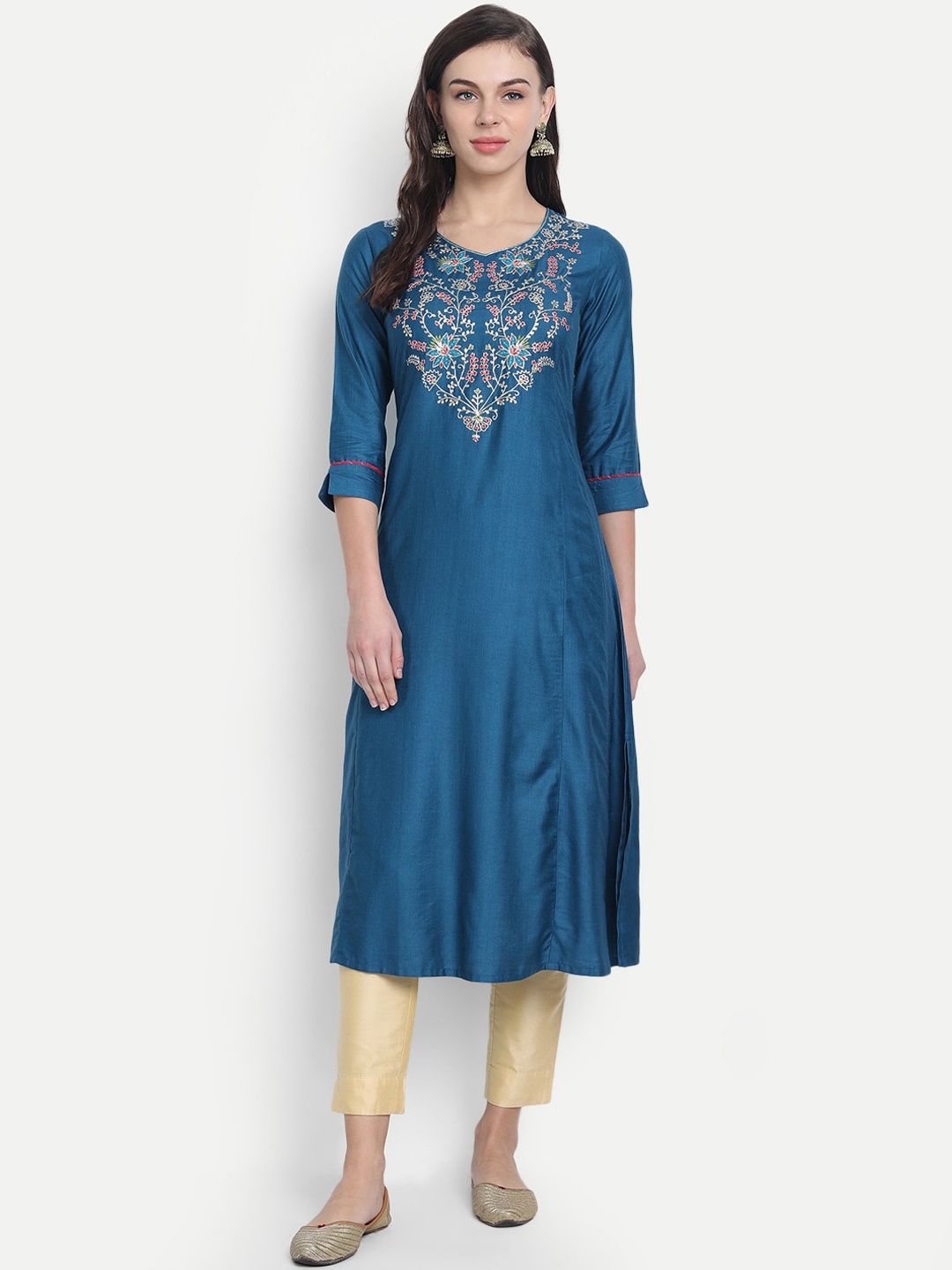 

fabGLOBAL Women Blue Yoke Design Straight Kurta