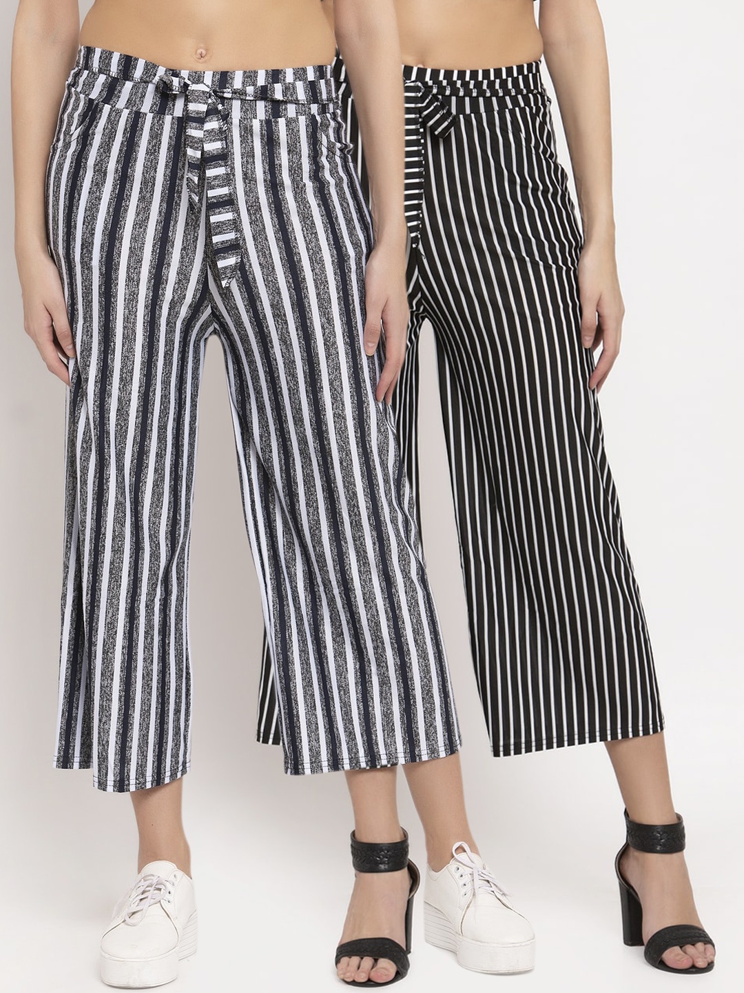 

KLOTTHE Women Pack of 2 Striped Wide Leg Cropped Palazzos, Blue