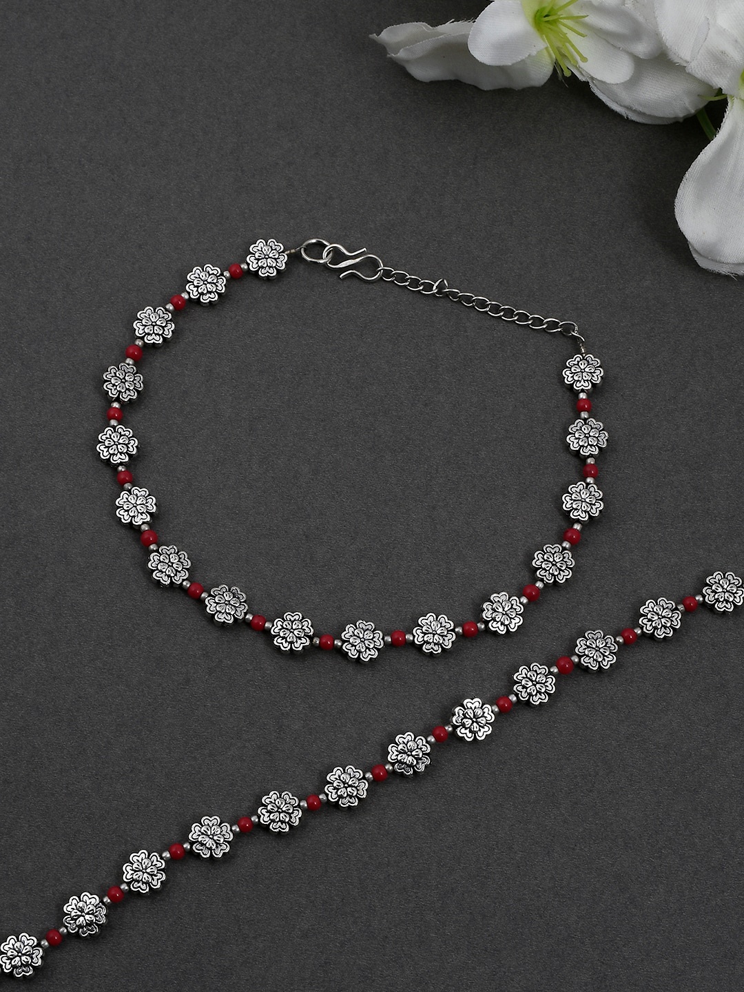 

Silvermerc Designs Set Of 2 Oxidised Silver-Plated Red Beaded Handcrafted Anklets