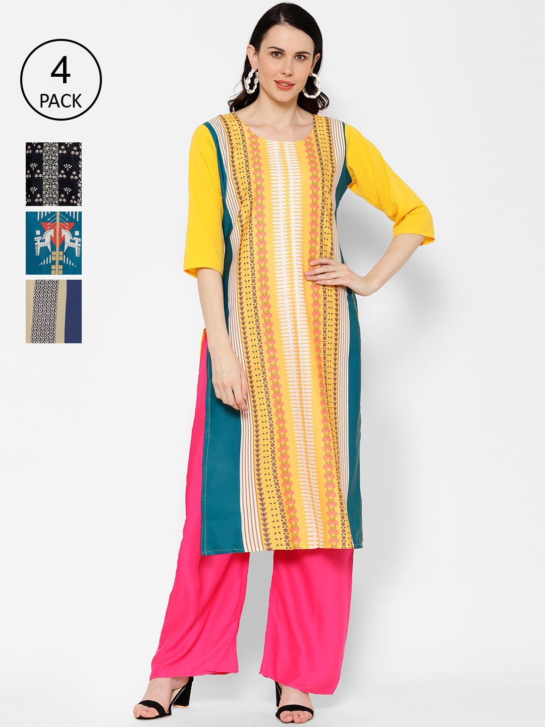

7Threads Pack Of 4 Multicoloured Printed Sequins Crepe Kurta, Multi