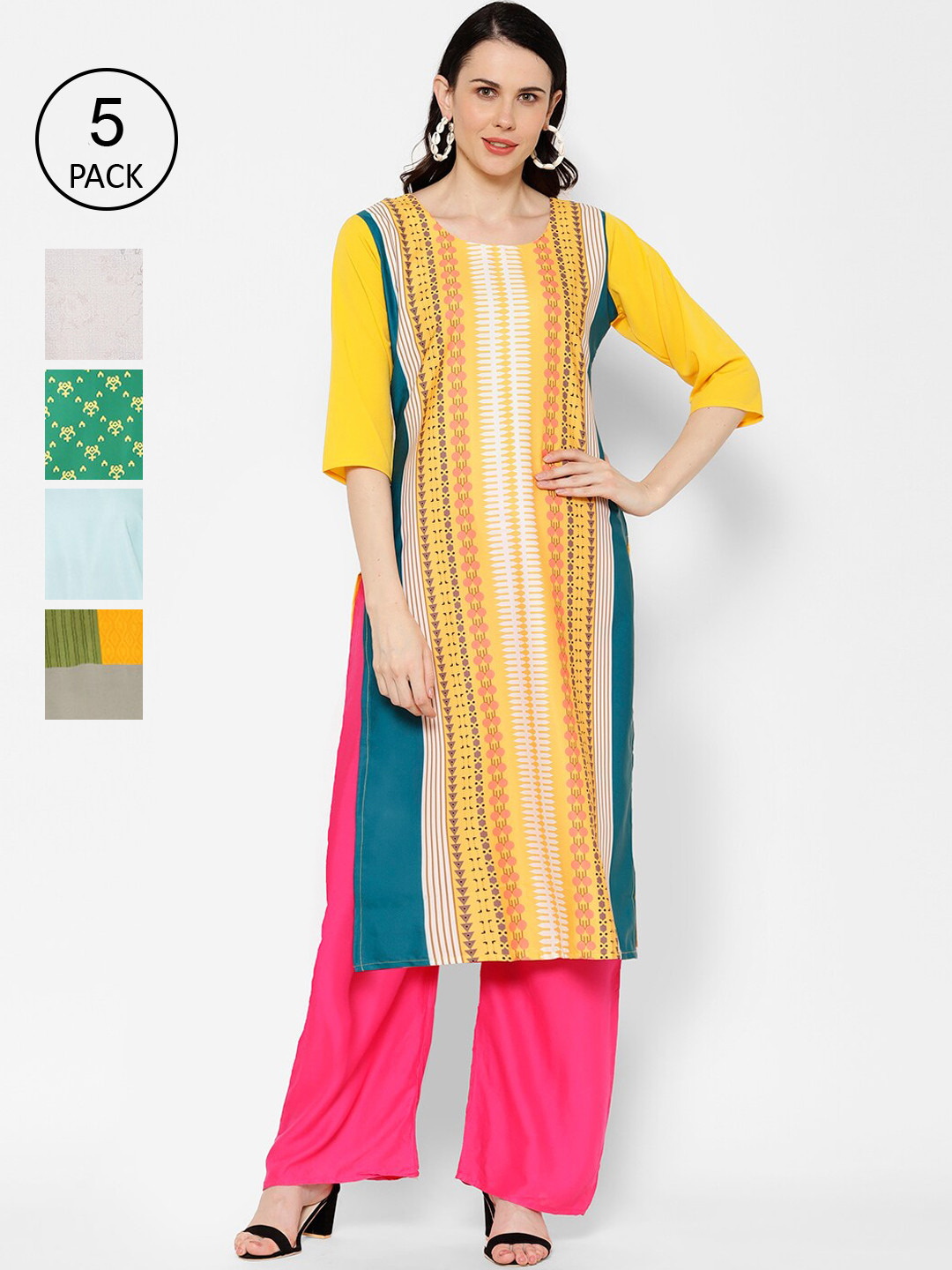 

7Threads Multicoloured Pack Of 5 Printed Crepe Kurta, Multi