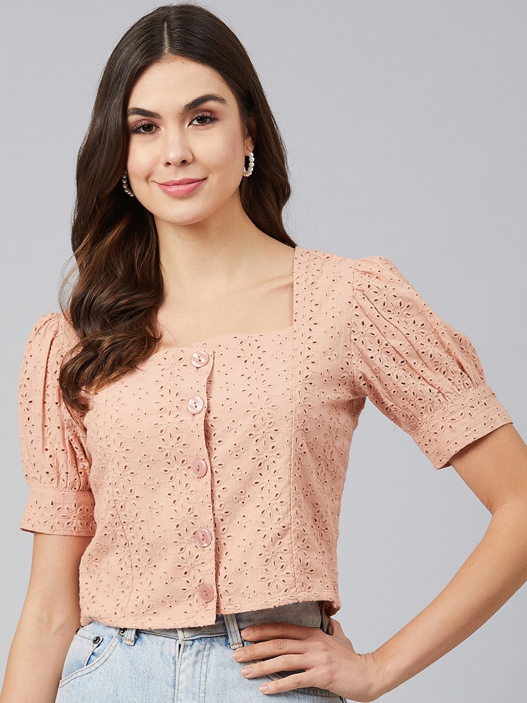 

Marie Claire Women Peach-Coloured Puff Sleeves Pure Cotton Crop Top