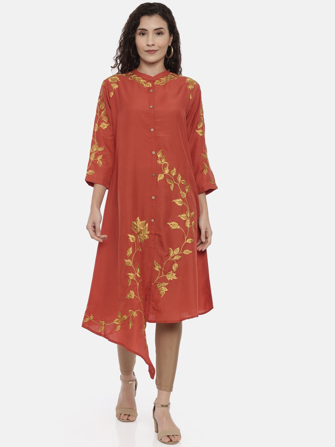 

Neerus Women Rust Orange Floral Embroidered Kurta