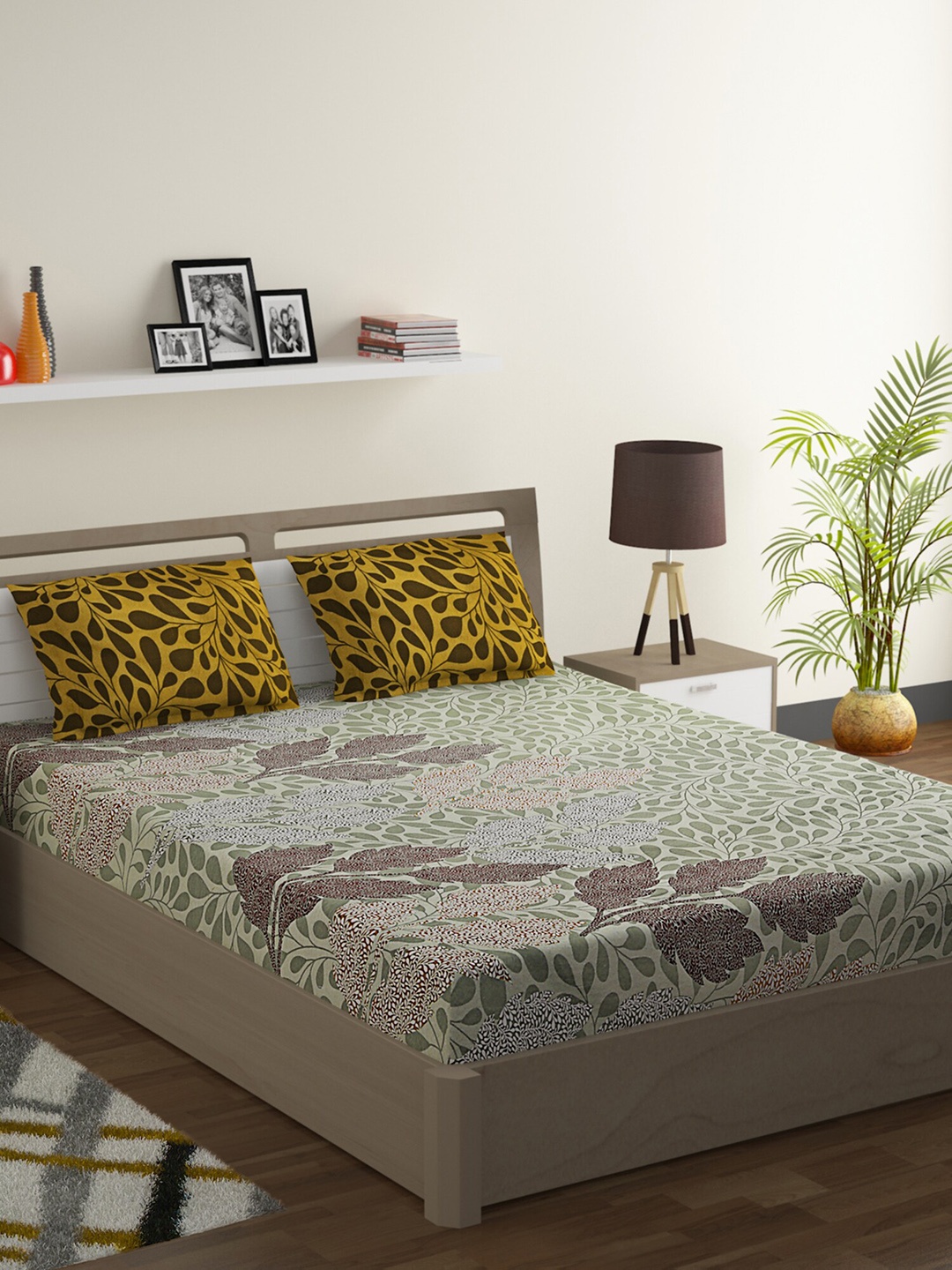 

SWAYAM Green & Yellow Floral 120 TC Cotton 1 King Bedsheet with 2 Pillow Covers
