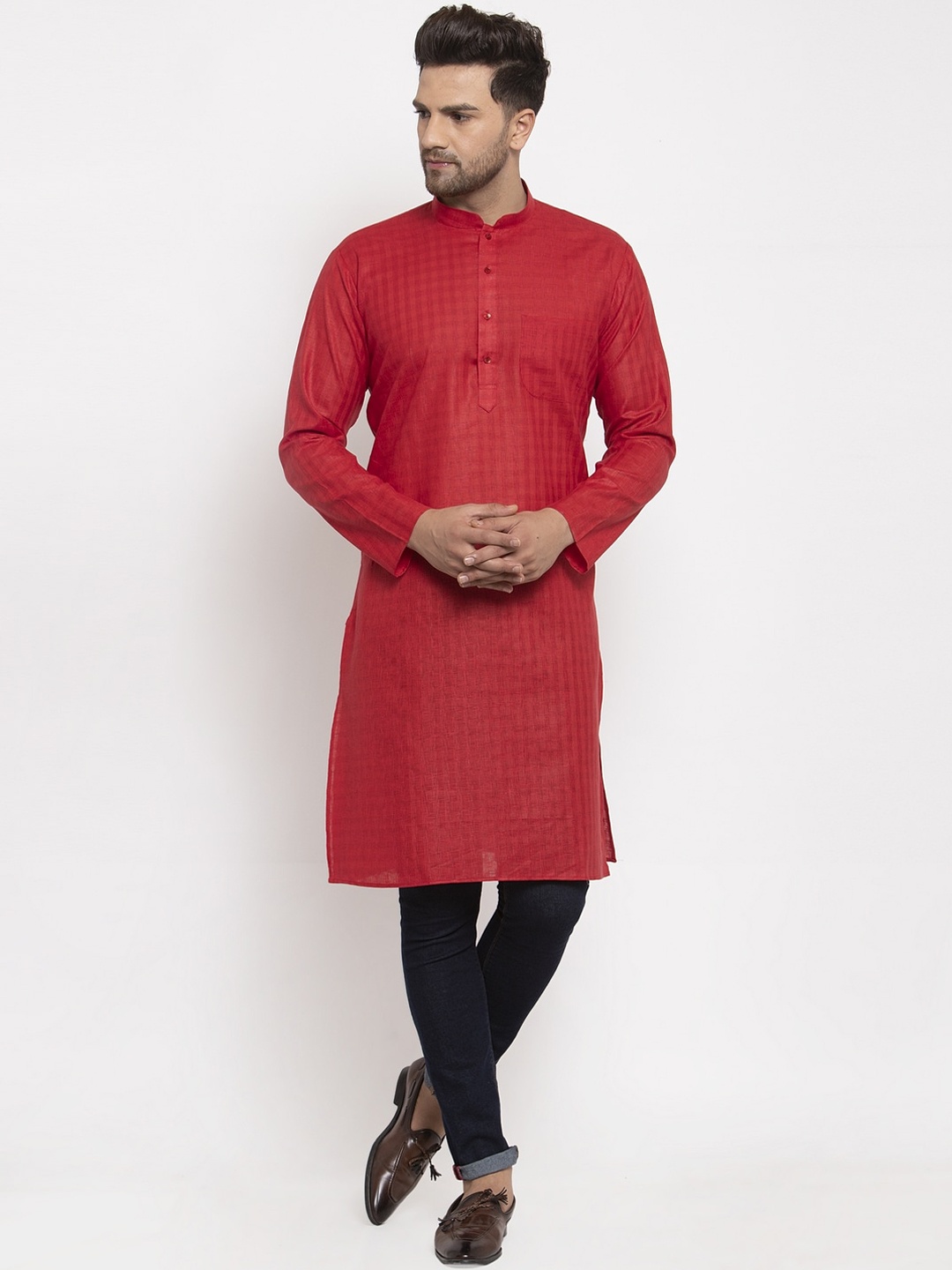 

GRACIT Men Red Cotton Blend Checked Straight Kurta