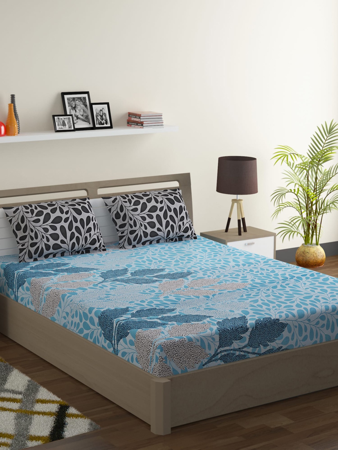 

SWAYAM Blue & Black Floral 120 TC Cotton 1 Queen Bedsheet with 2 Pillow Covers