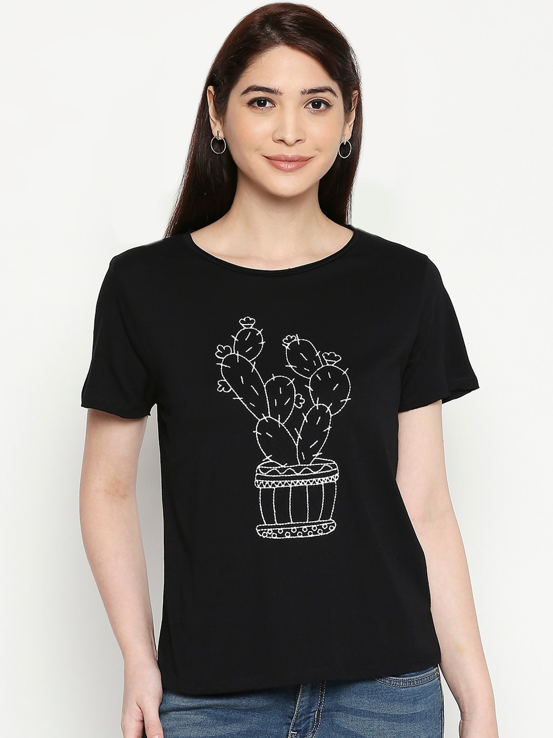 

People Women Black Self Design Round Neck T-shirt
