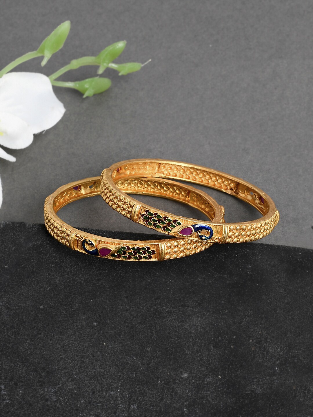 

Silvermerc Set Of 2 Gold Plated Green & Blue Meenakari Traditional Bangles