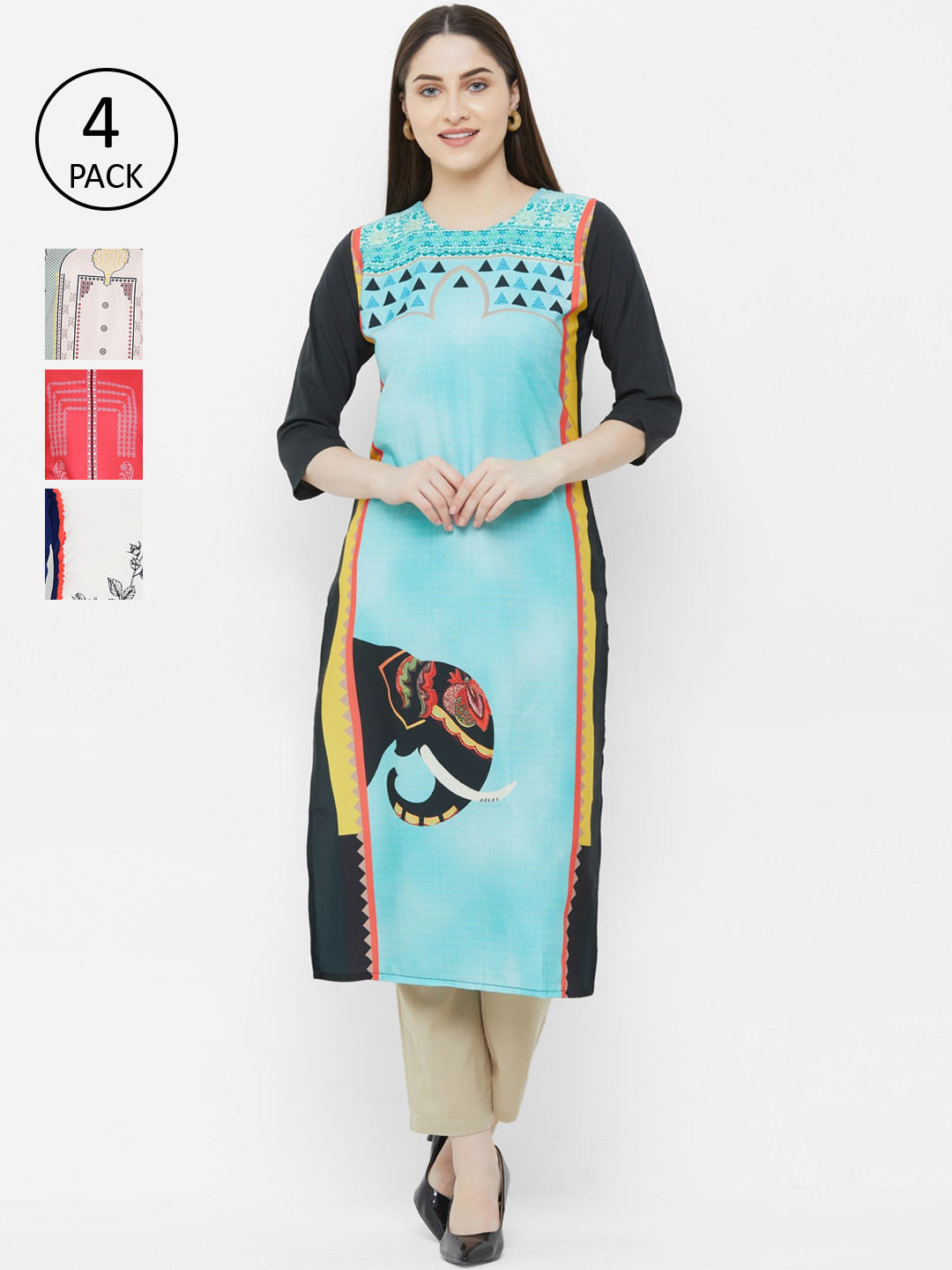 

7Threads Pack Of 4 Ethnic Motifs Printed Crepe Kurta, Multi