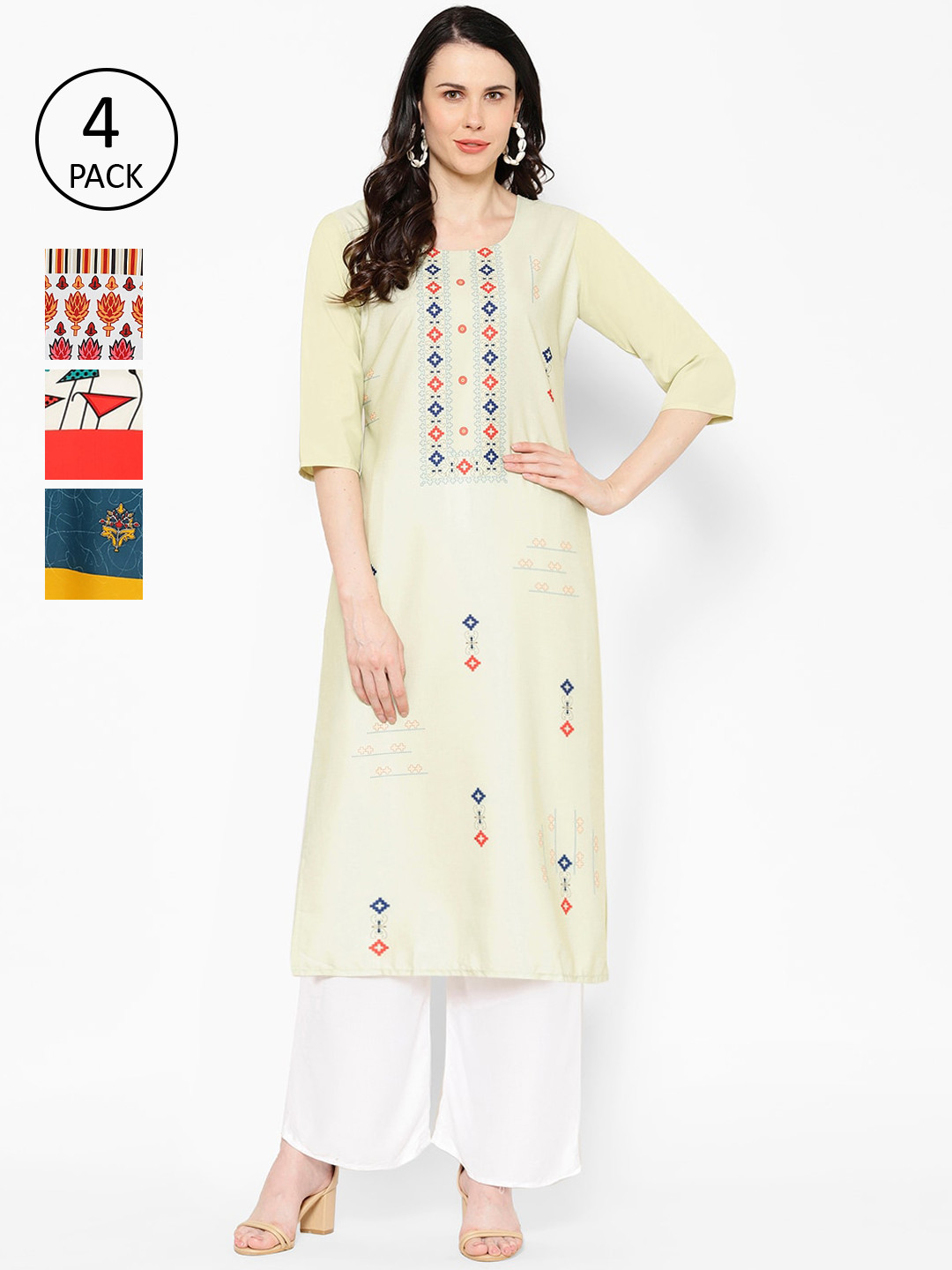 

7Threads Women Multicoloured Ethnic Motifs Printed Crepe Kurta Pack of 4, Multi