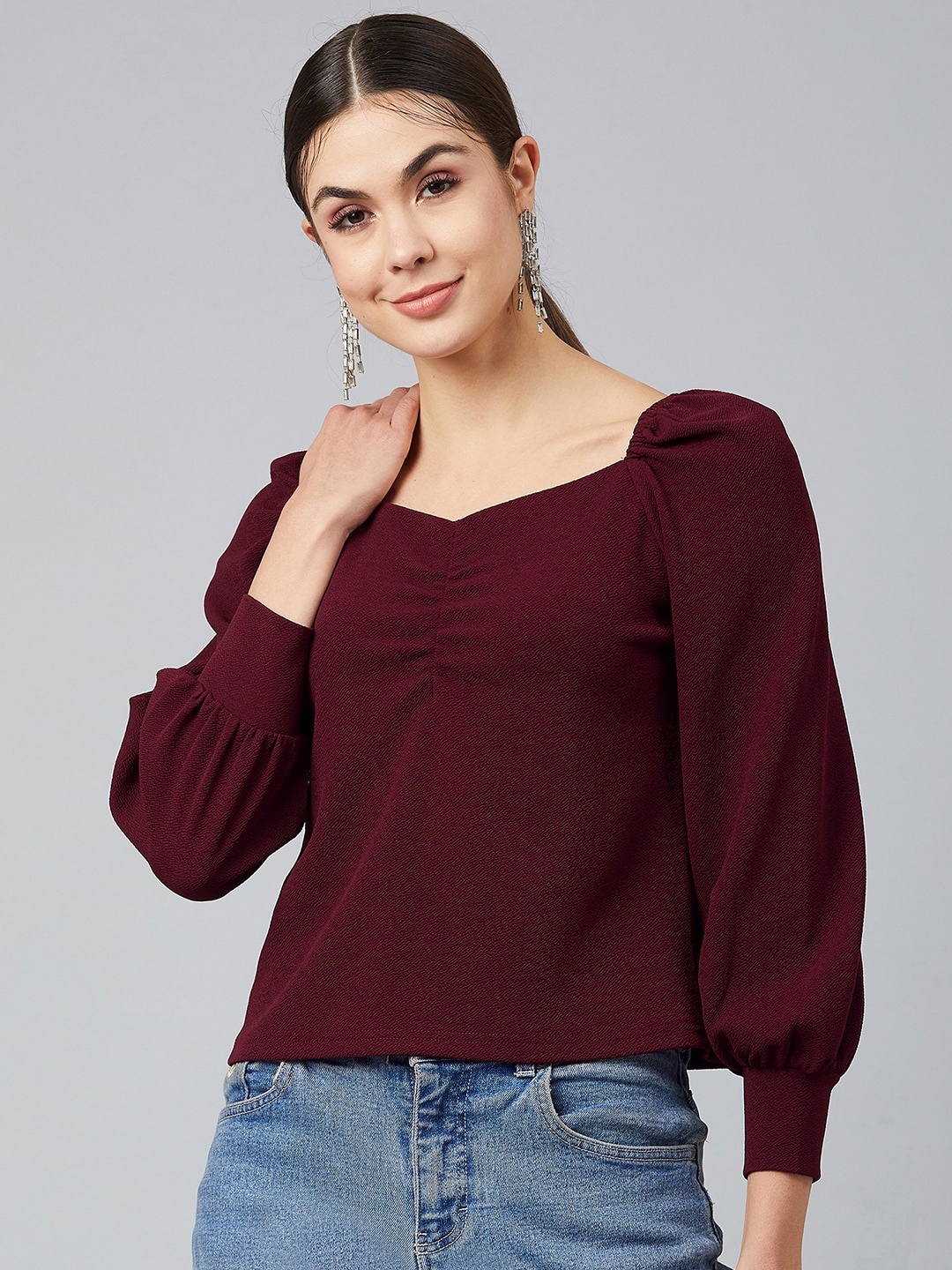 

Marie Claire Women Maroon Sweetheart Neck Puff Sleeves Crepe Top