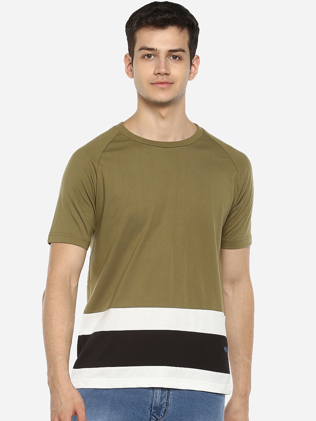

Red Chief Men Olive Green Colourblocked Round Neck T-shirt