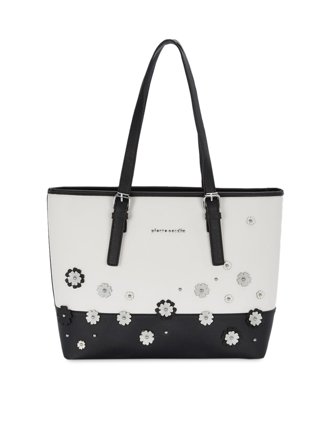 

pierre cardin White & Black Embellished Tote Bag