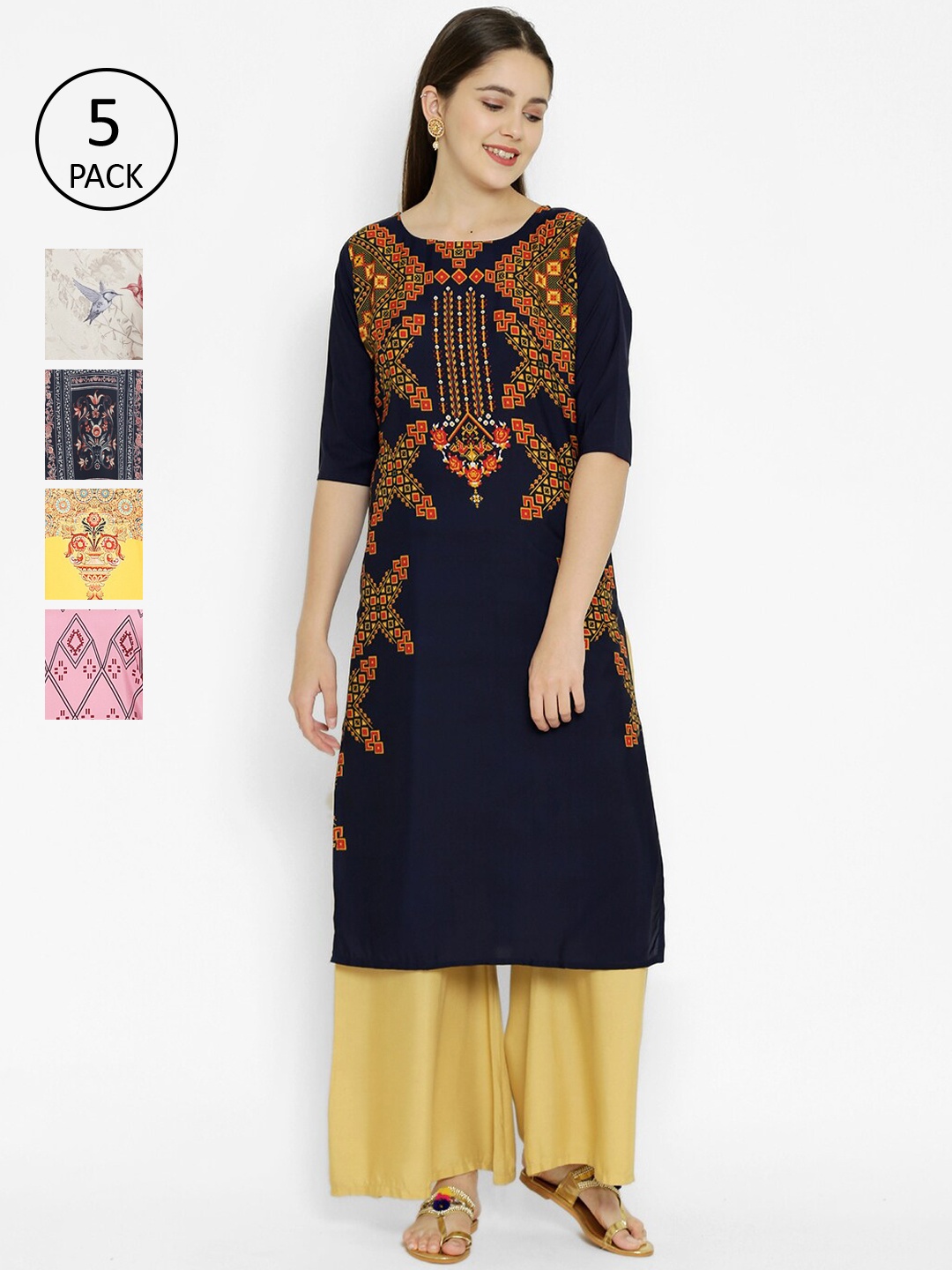 

7Threads Women Pack Of 5 Multicoloured Floral Printed Crepe Kurtas, Multi