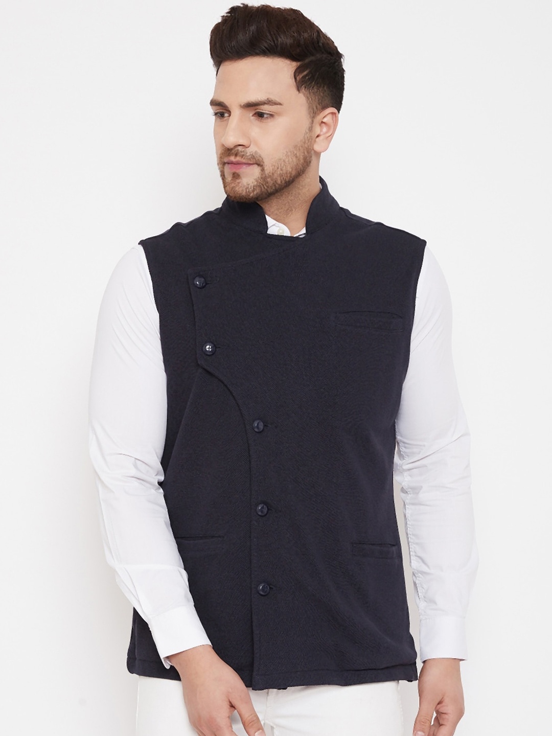 

Hypernation Men Navy Blue Solid Pure Cotton Nehru Jacket
