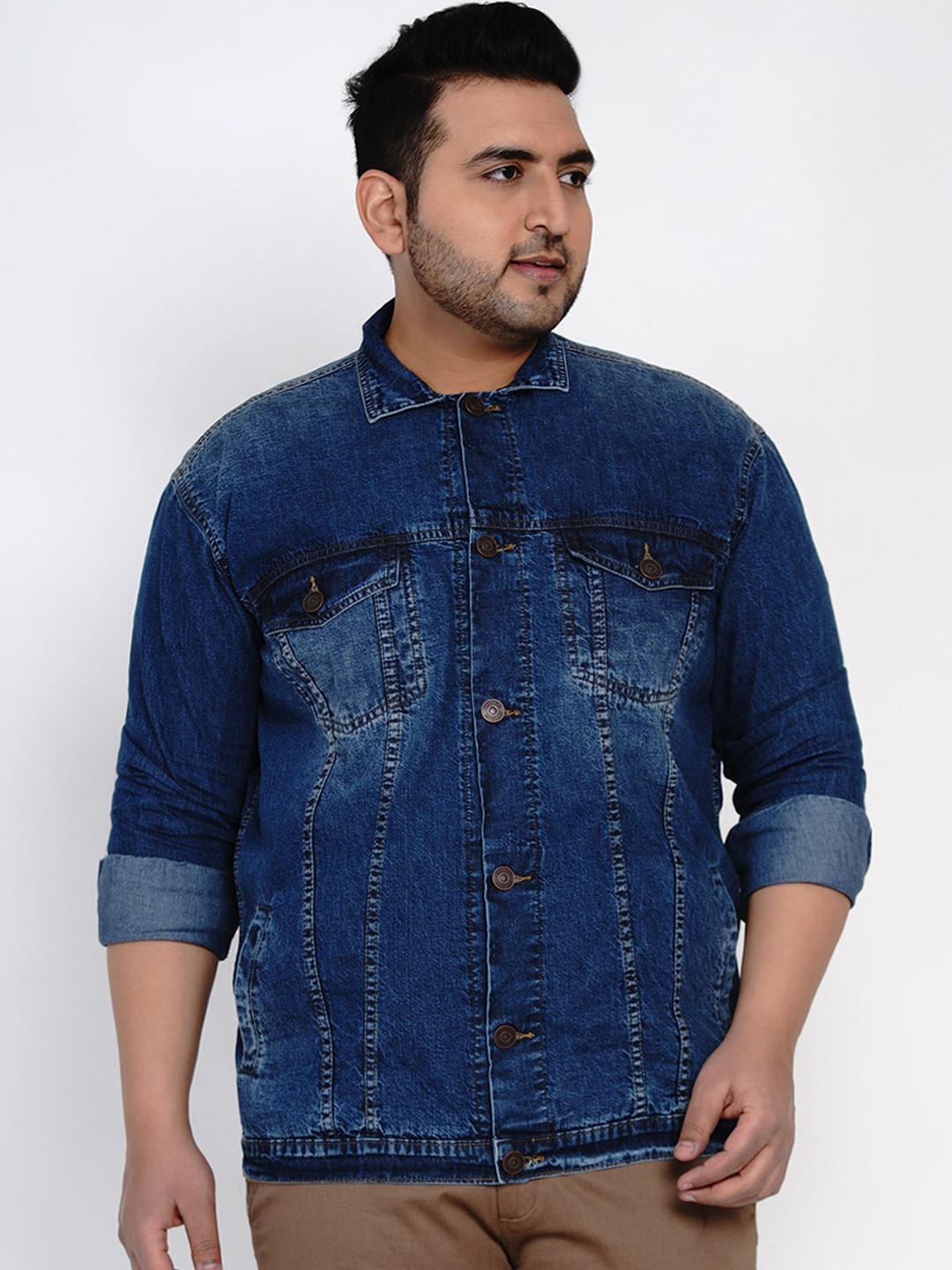 

John Pride Men Blue Washed Lightweight Plus Size Denim Jacket