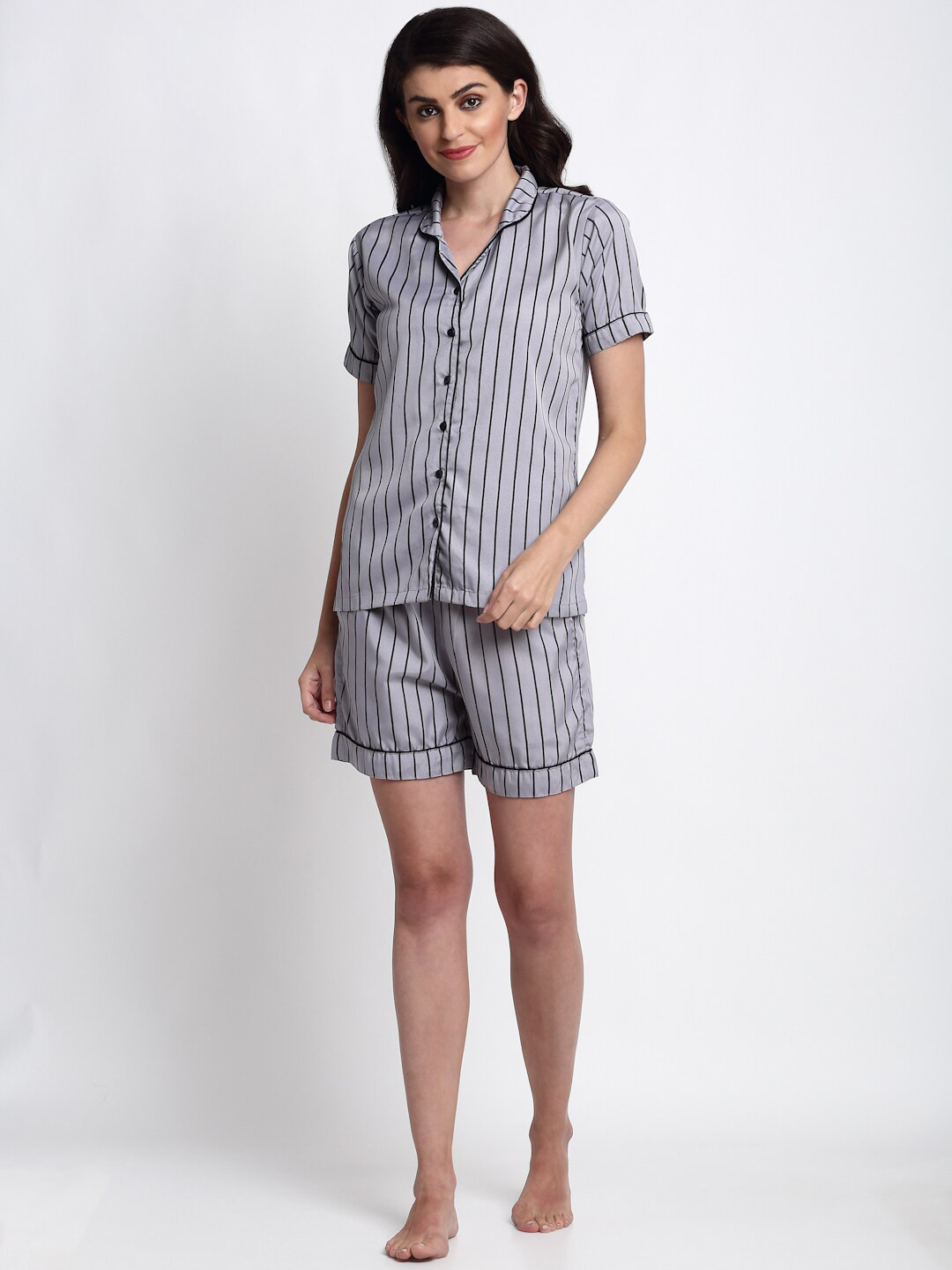

NEUDIS Women Grey & Black Striped Night Suit