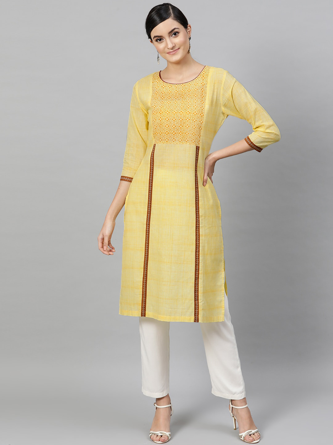 

STREET 9 Women Yellow Geometric Yoke Design Thread Work Kurta