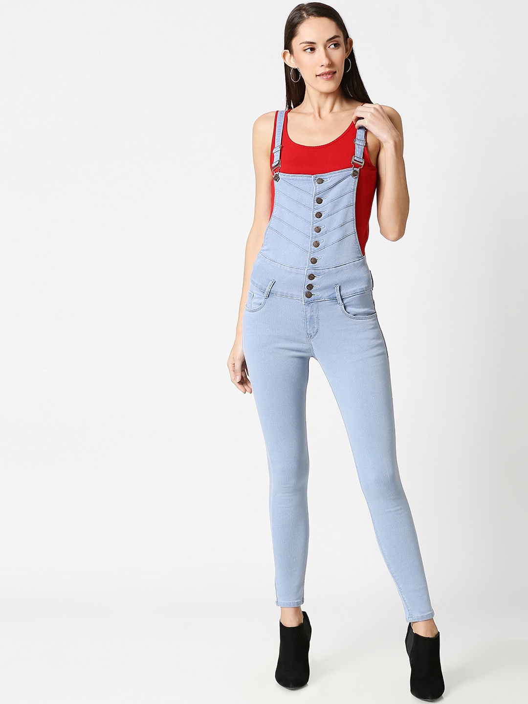 

High Star Women Blue Solid Slim-Fit Denim Dungarees