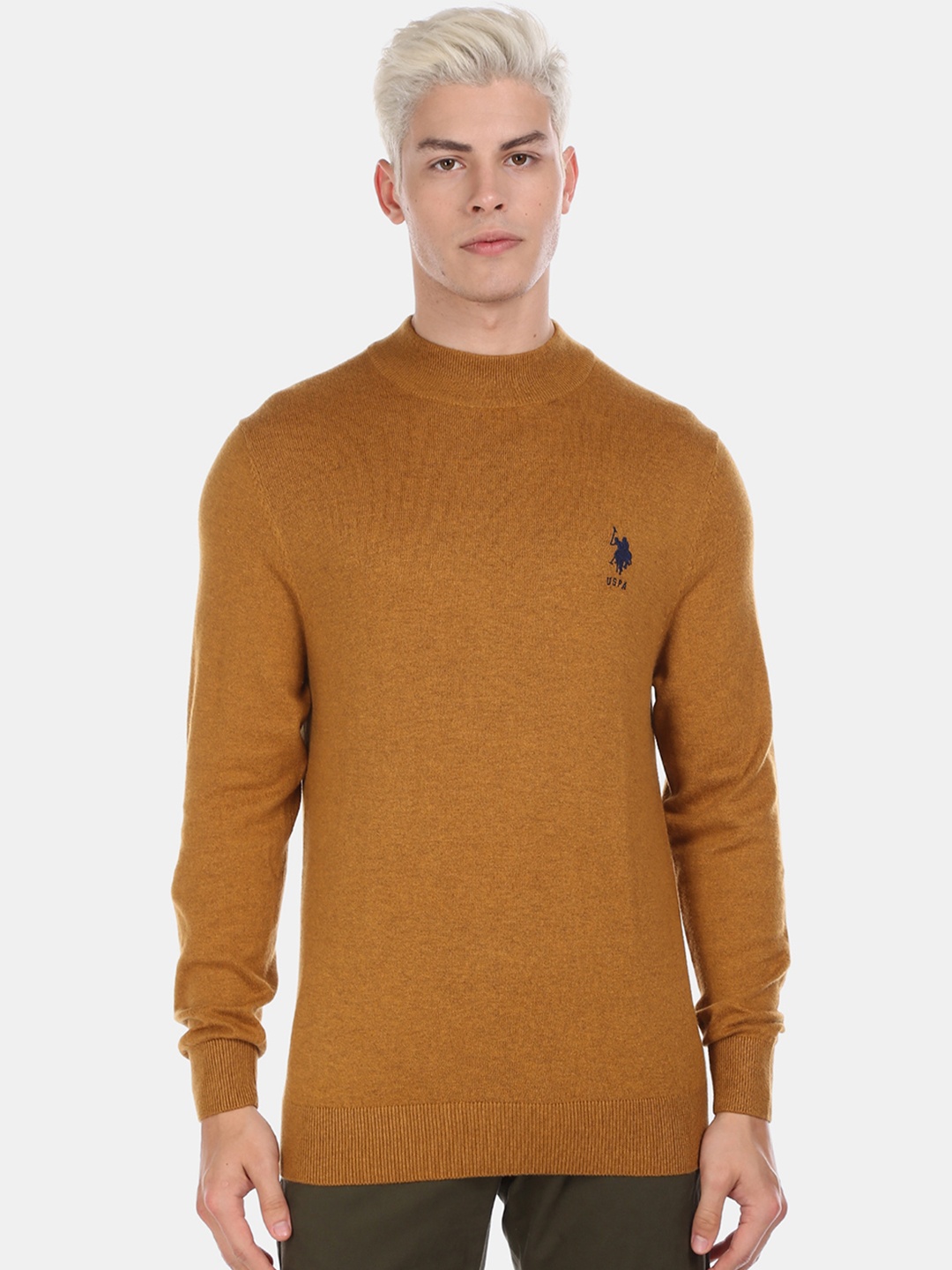 

U.S. Polo Assn. Men Mustard Brown Solid Pullover Sweater