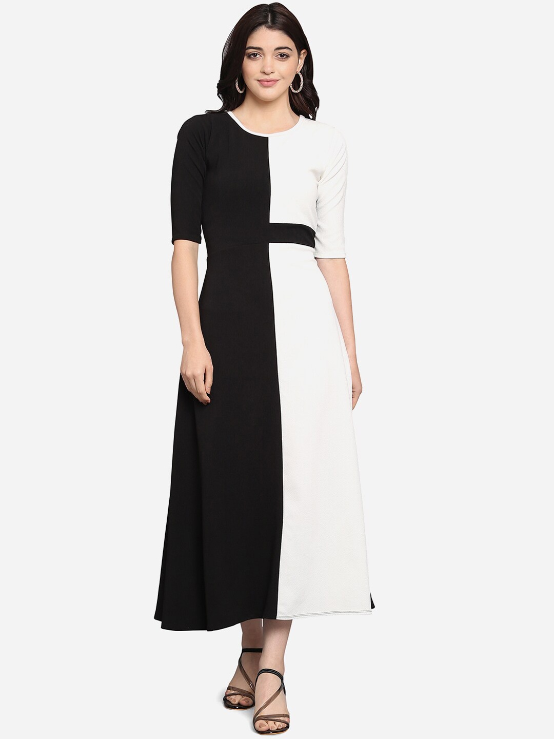 

PURVAJA Women Black & White Colourblocked A-Line Dress