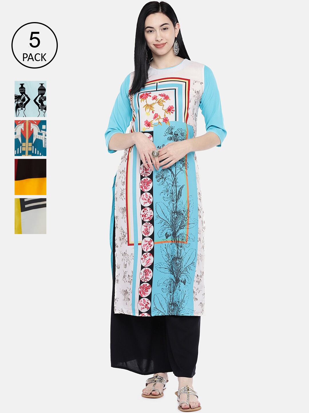 

7Threads Pack Of 5 Multicoloured Printed Crepe Kurta, Multi