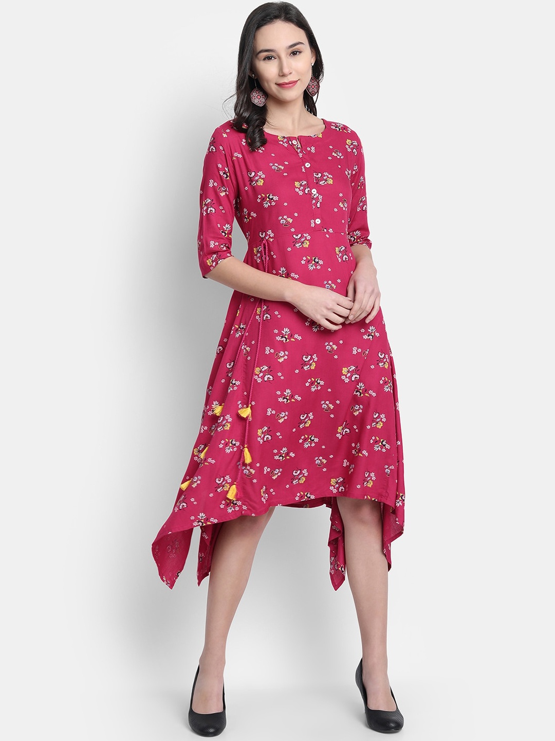 Janasya Women Pink & White Floral Printed Fit and Flare Dress