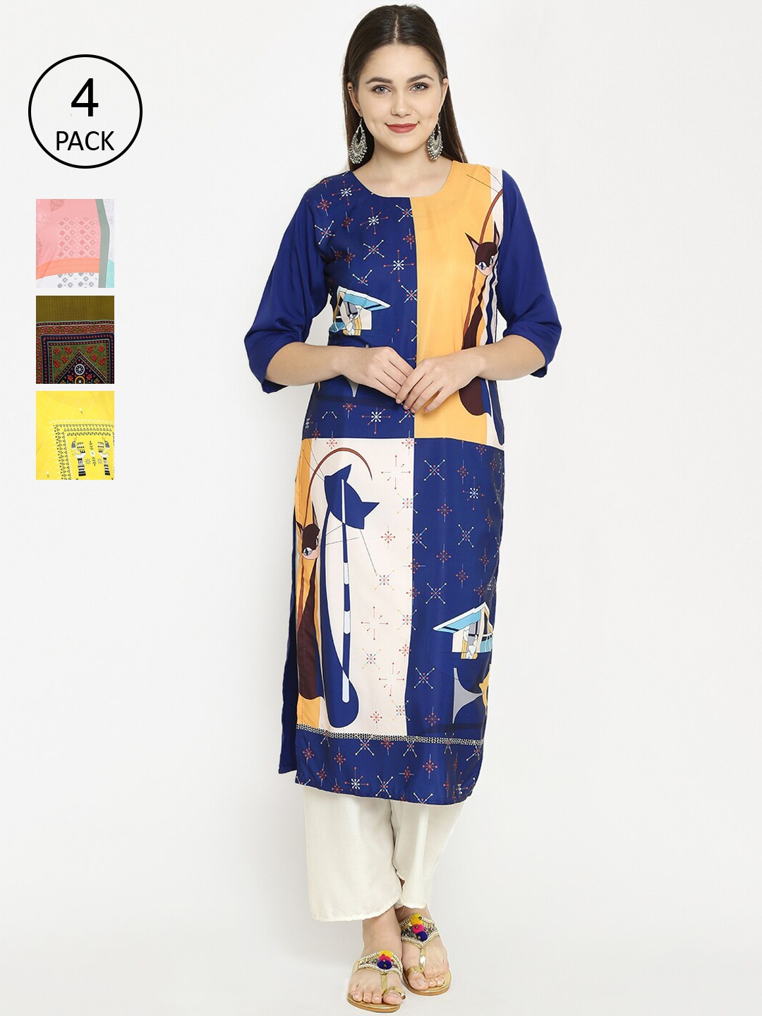 

7Threads Women Multicoloured Printed Crepe Kurta Set of 4, Multi