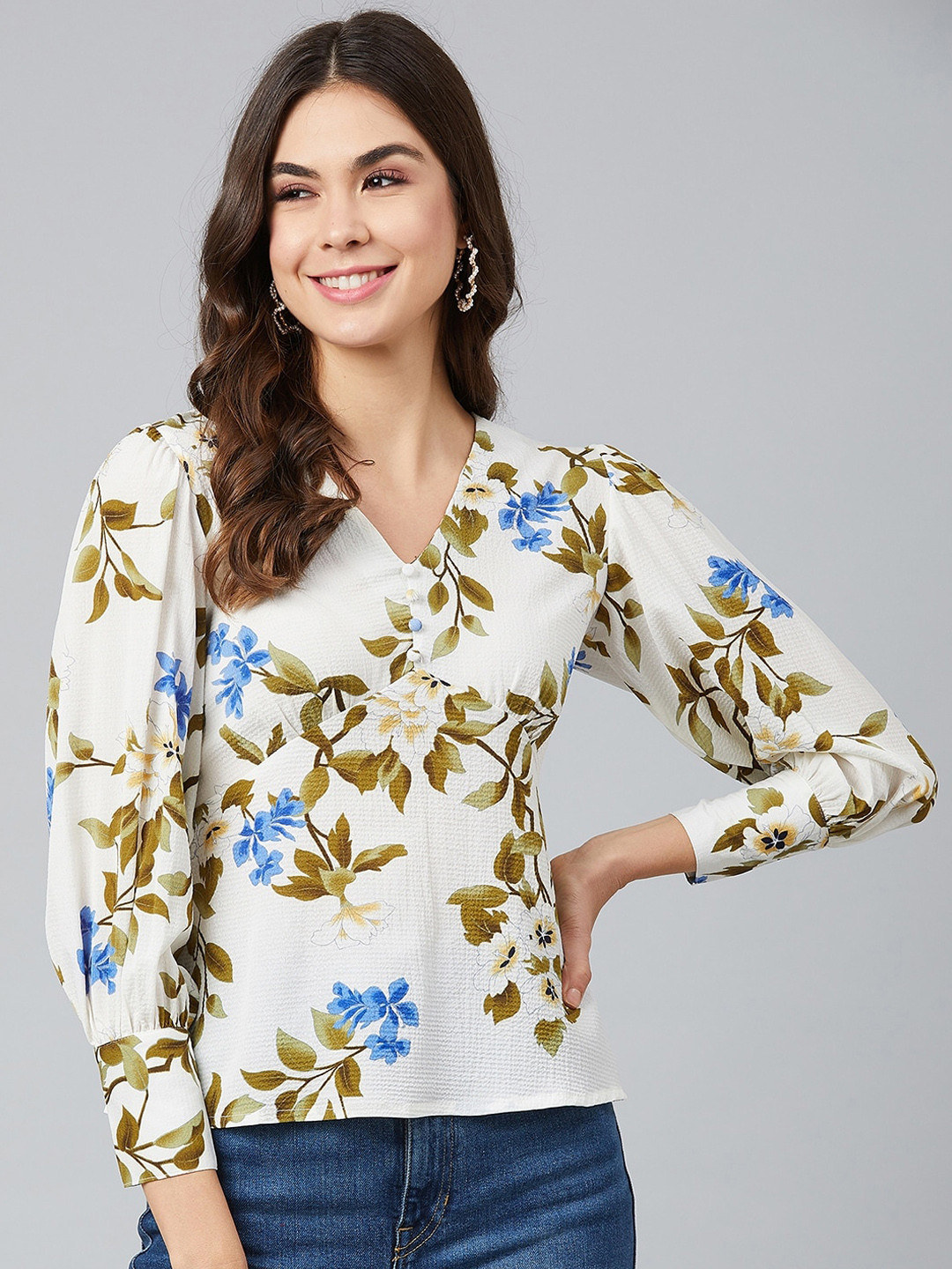

Marie Claire Off White & Blue Floral Printed Crepe Top