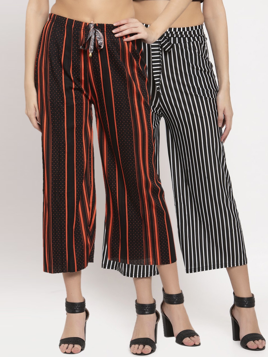 

KLOTTHE Women Black & White Striped Wide Leg Palazzos Set of 2