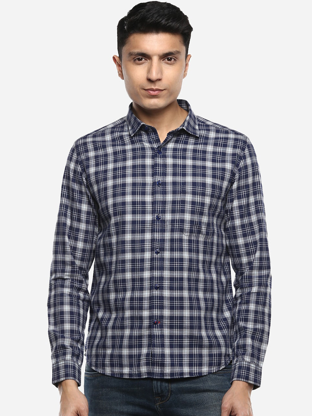 

Red Chief Men Navy Blue & Grey Slim Fit Checked Casual Shirt