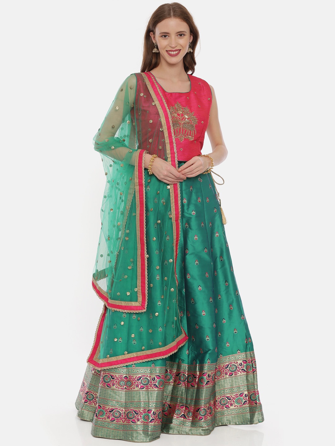 

Neerus Pink & Green Embellished Ready to Wear Lehenga & Blouse with Dupatta