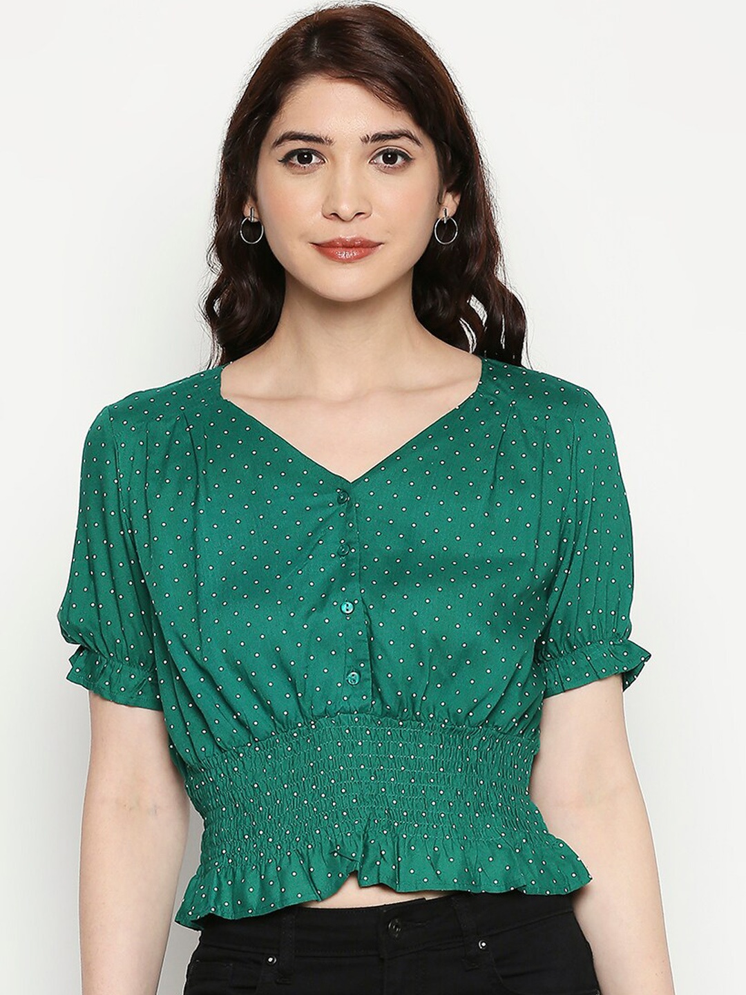 

People Women Green Geometric Printed Cinched Waist Crop Top