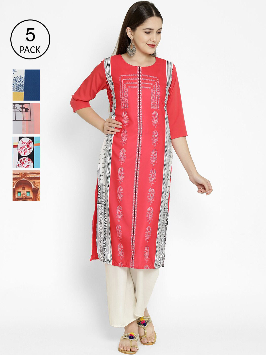 

7Threads Pack Of 5 Digital Printed Crepe Kurtas, Multi