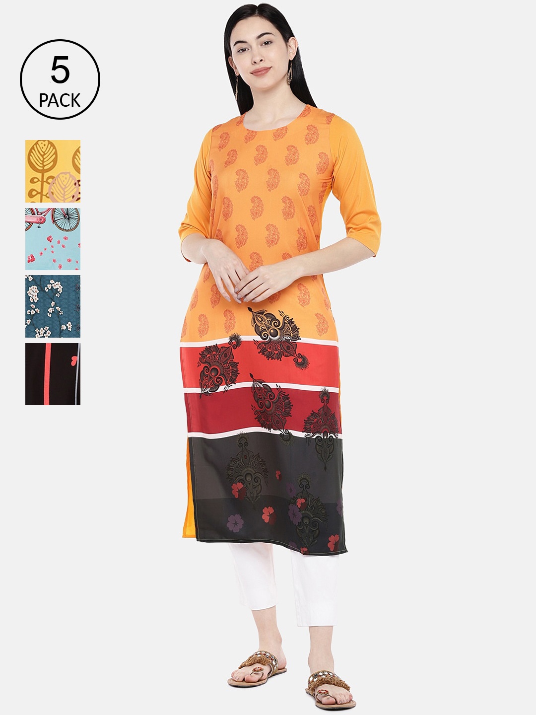 

7Threads Multicoloured Ethnic Motifs Printed Crepe Kurta, Multi